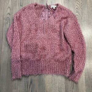 Knox Rose XXL Pink Fuzzy Knit V-Neck Sweater Lace-Up Back Detail